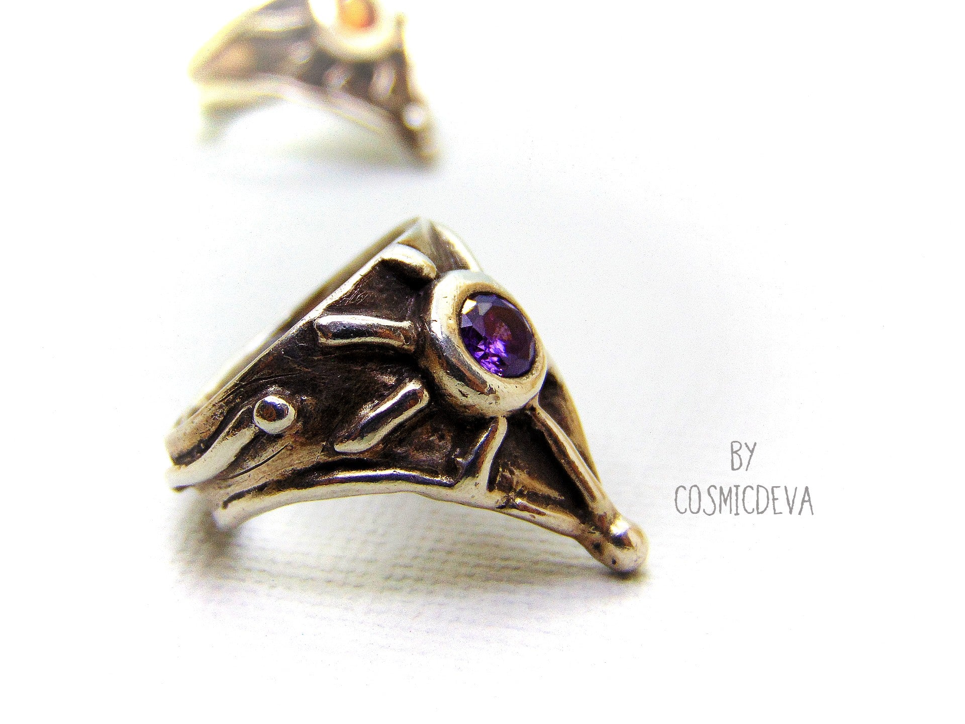 Medieval Shield Triangle Fine Silver Amethyst US size 7 Ring. Unique handcrafted medieval triangle shaped shield silver ring with a 5 mm round amethyst stone. This Ring is made of solid .999 fine silver and hallmarked as it. The ring was oxidized to give it a vintage antique design. - CosmicDeva