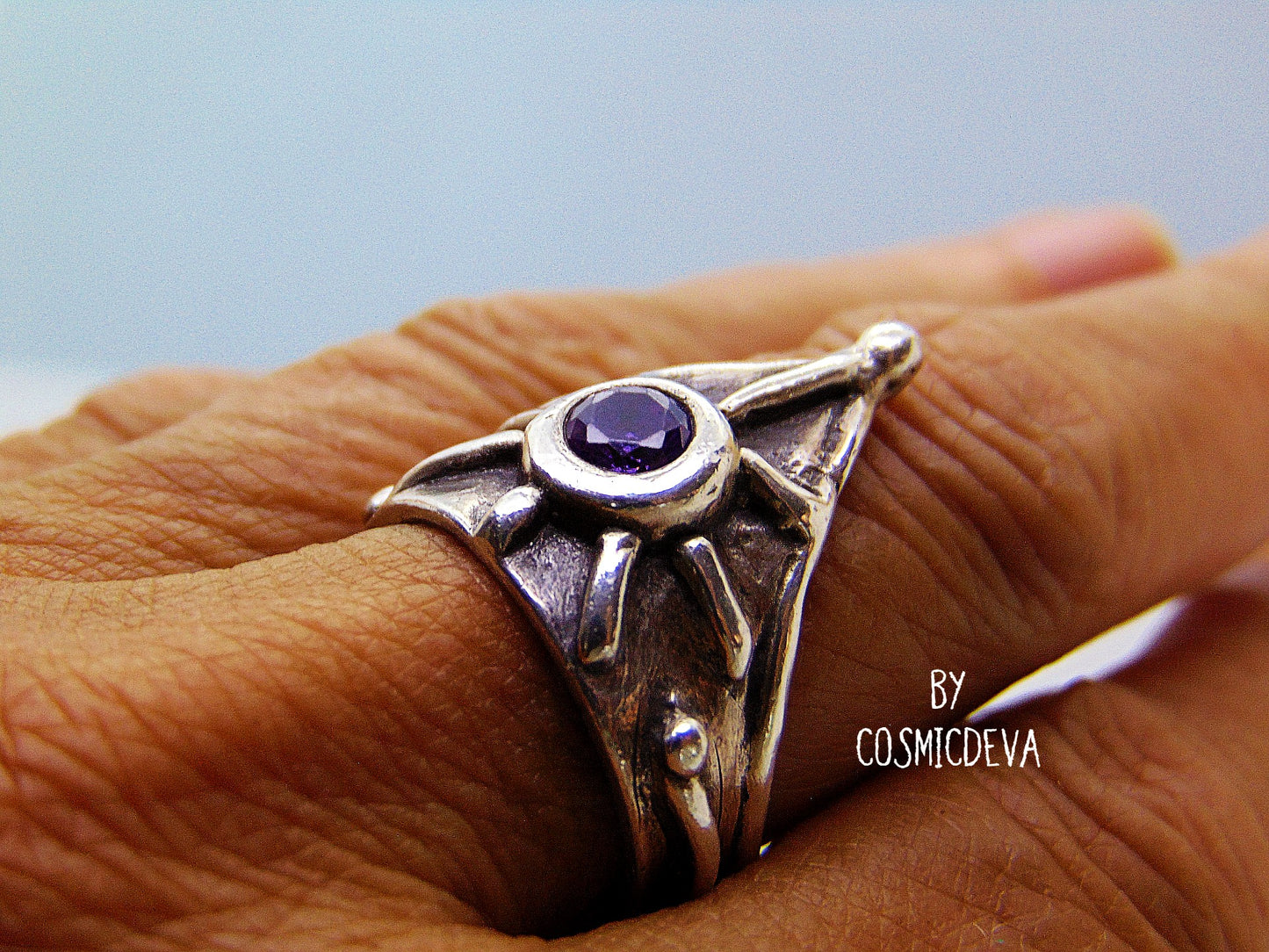 Medieval Shield Triangle Fine Silver Amethyst US size 7 Ring. Unique handcrafted medieval triangle shaped shield silver ring with a 5 mm round amethyst stone. This Ring is made of solid .999 fine silver and hallmarked as it. The ring was oxidized to give it a vintage antique design. - CosmicDeva