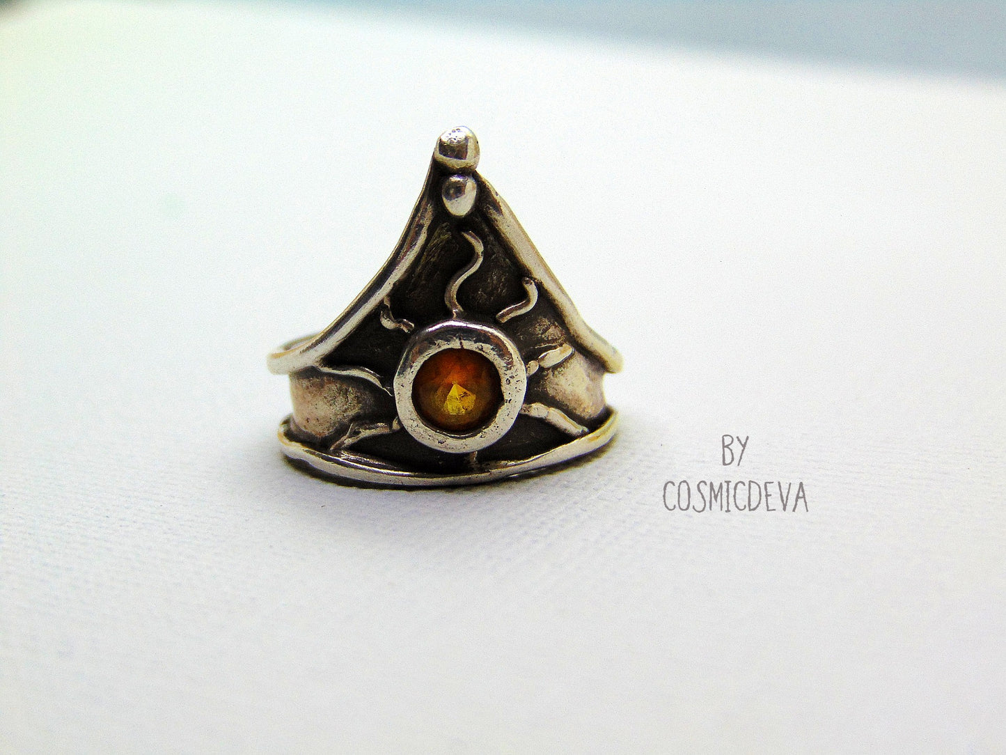 Be the knight in shining armor with this beautiful sterling silver ring! Handcrafted with a medieval triangle shield design, this classic piece is set with a 5mm round citrine stone and oxidized for a vintage antique look. The decorative hand sculptured triangle shield makes the perfect centerpiece, adding an antique charm to your everyday look.. - CosmicDeva