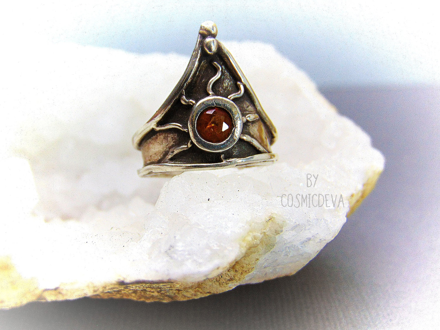 Medieval Triangle Shield Sterling Silver Citrine Size US 7.5 Ring. Beautiful hand sculptured medieval triangle shaped shield sterling silver ring with a 5 mm round citrine stone. This Ring is made of solid pure .950 sterling silver and hallmarked as it. The ring was oxidized to give it a vintage antique design. - CosmicDeva