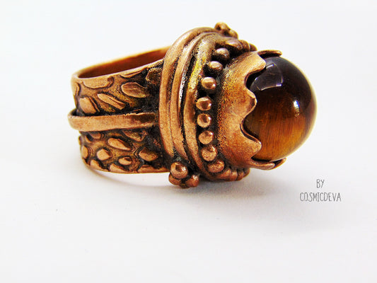 Tigers Eye Gemstone Statement Protection US Size 6.75 -7 Ring - CosmicDeva