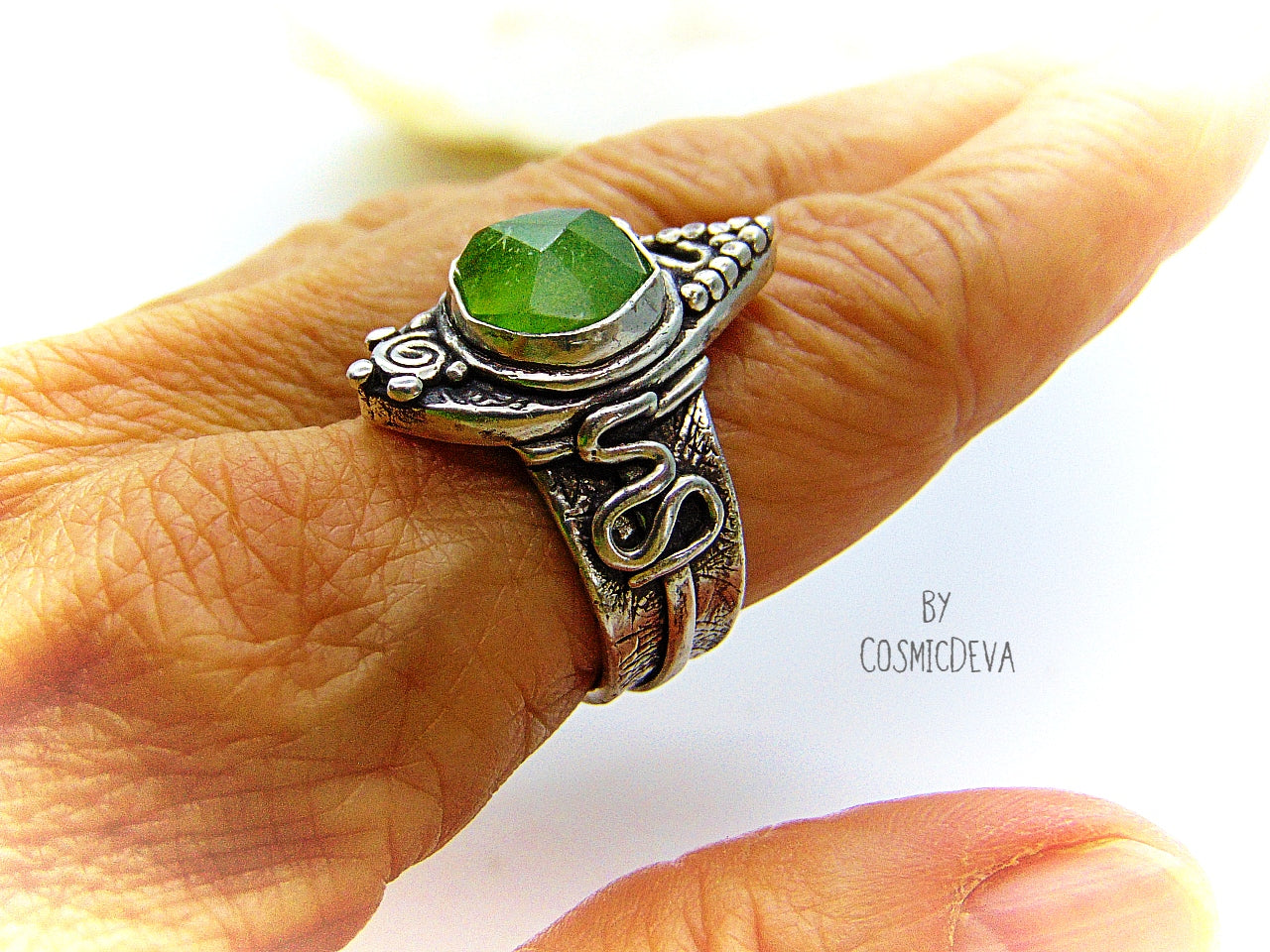 Green Natural Peridot Sterling Silver Boho Statement Ring, US 9.5 Ring. One of a kind handmade faceted hand cut natural green peridot boho statement ring, made of pure solid 950 sterling silver and hallmarked as it. This ring is made from 100% recycled silver and it is 100% Eco-friendly! This beautiful natural Pakistan peridot gemstone has a strong and apple greenish color which makes the ring an absolutely eye-catcher!  - CosmicDeva