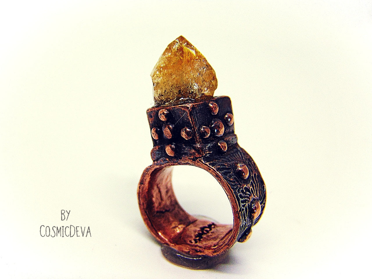 Raw Citrine Crystal Point Medieval Copper Ring, US Size 6.5 Ring. This unique medieval handmade and kiln fired ring is made of pure copper with a golden raw citrine crystal point. This rough Citrine gemstone is a November birthstone. Comes in a beautiful gift box. Treat yourself or a loved one! - CosmicDeva