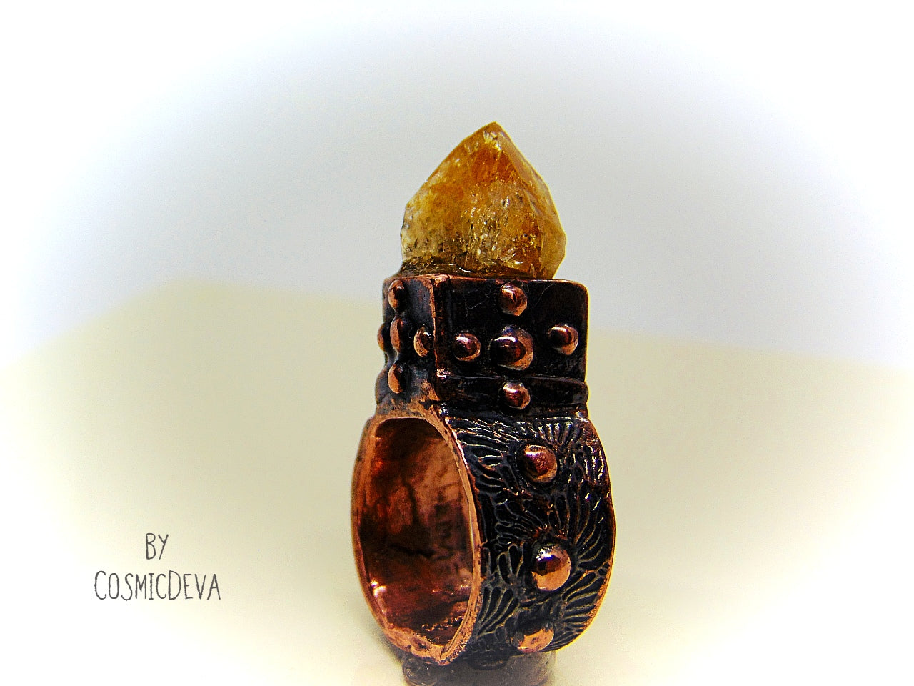 Raw Citrine Crystal Point Medieval Copper Ring, US Size 6.5 Ring, This unique medieval handmade and kiln fired ring is made of pure copper with a golden raw citrine crystal point. This rough Citrine gemstone is a November birthstone. Comes in a beautiful gift box. Treat yourself or a loved one! - CosmicDeva