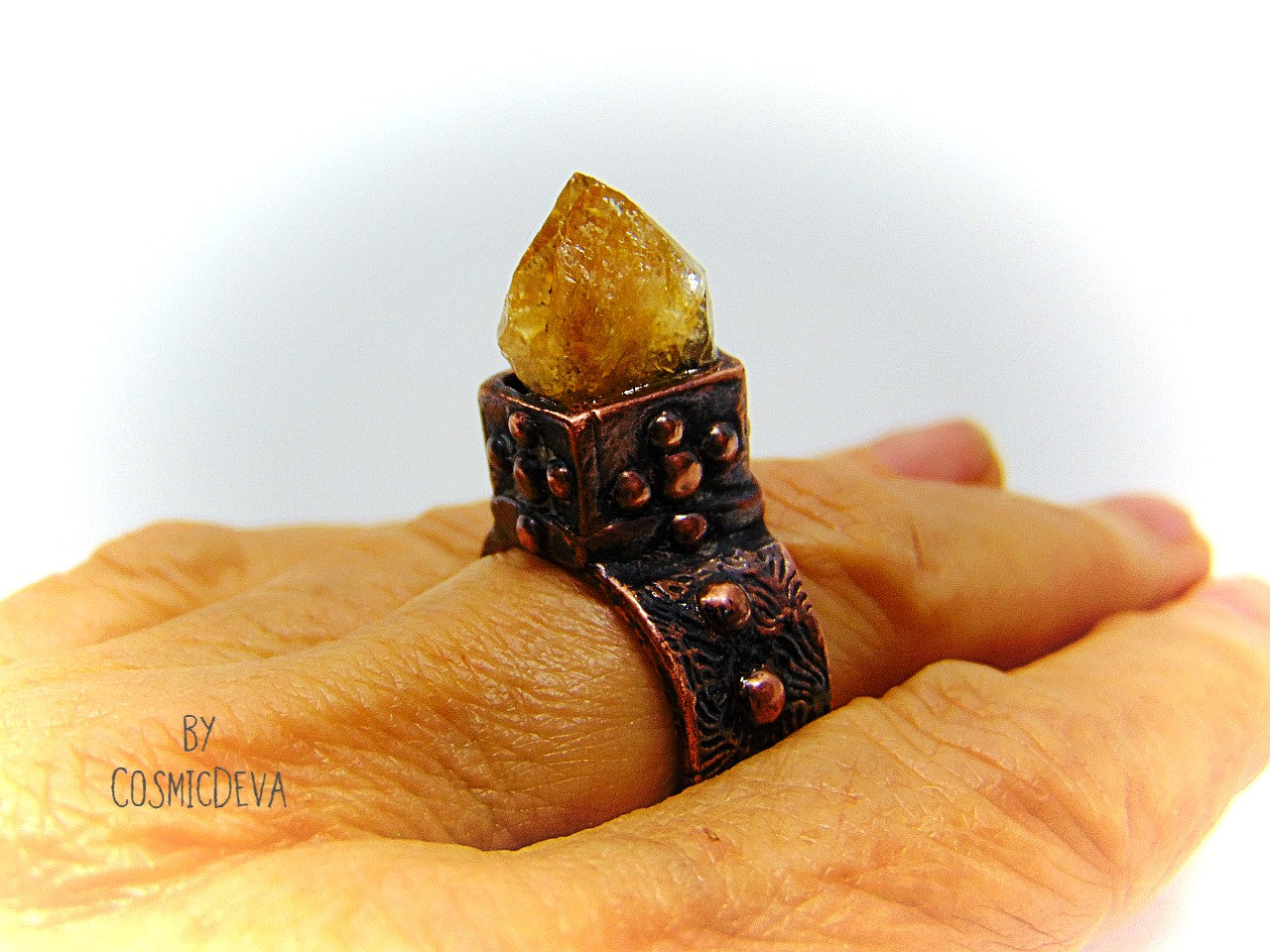 Raw Citrine Crystal Point Medieval Copper Ring, US Size 6.5 Ring, This unique medieval handmade and kiln fired ring is made of pure copper with a golden raw citrine crystal point. This rough Citrine gemstone is a November birthstone. Comes in a beautiful gift box. Treat yourself or a loved one! - CosmicDeva