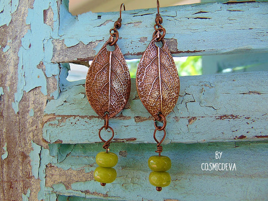 Lovely uniquely handcrafted sage leaf copper earrings featuring apple green dyed jade stone gemstone beads. These botanical copper earrings are made of high-quality materials with attention to details. The metal components were made by me: leaf earrings were crafted from solid copper, uniquely textured and carved and polished to bring out the highlights.  Cosmicdeva