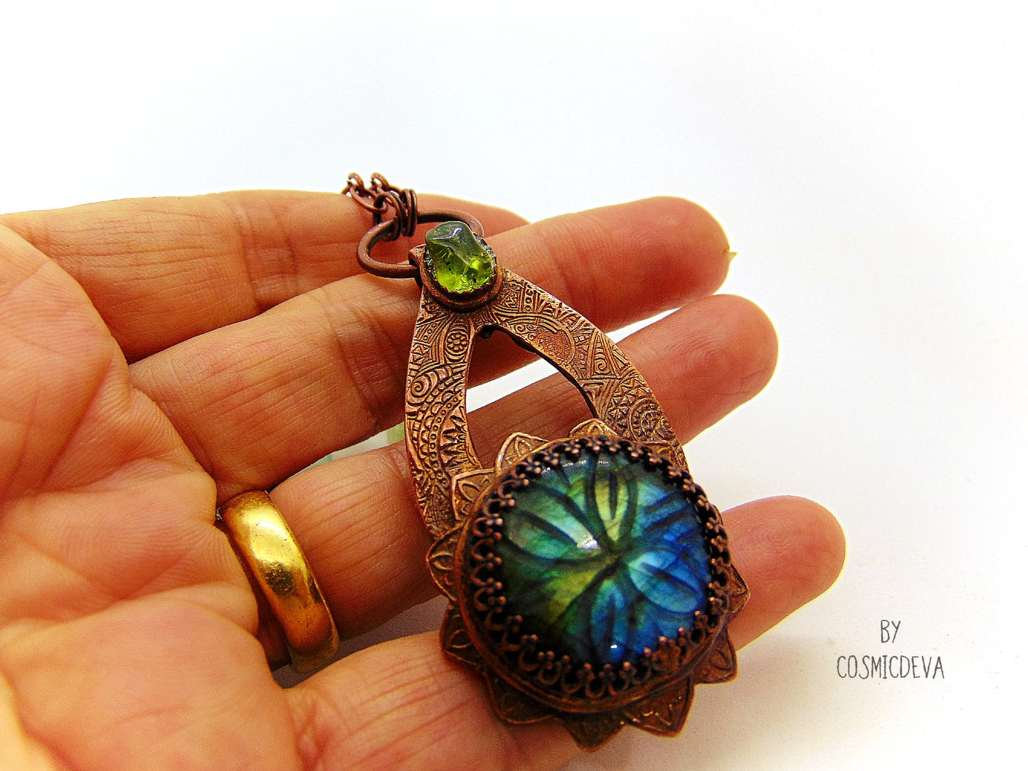 Labradorite Floral Mandala Copper Pendant Artisan Necklace - CosmicDeva