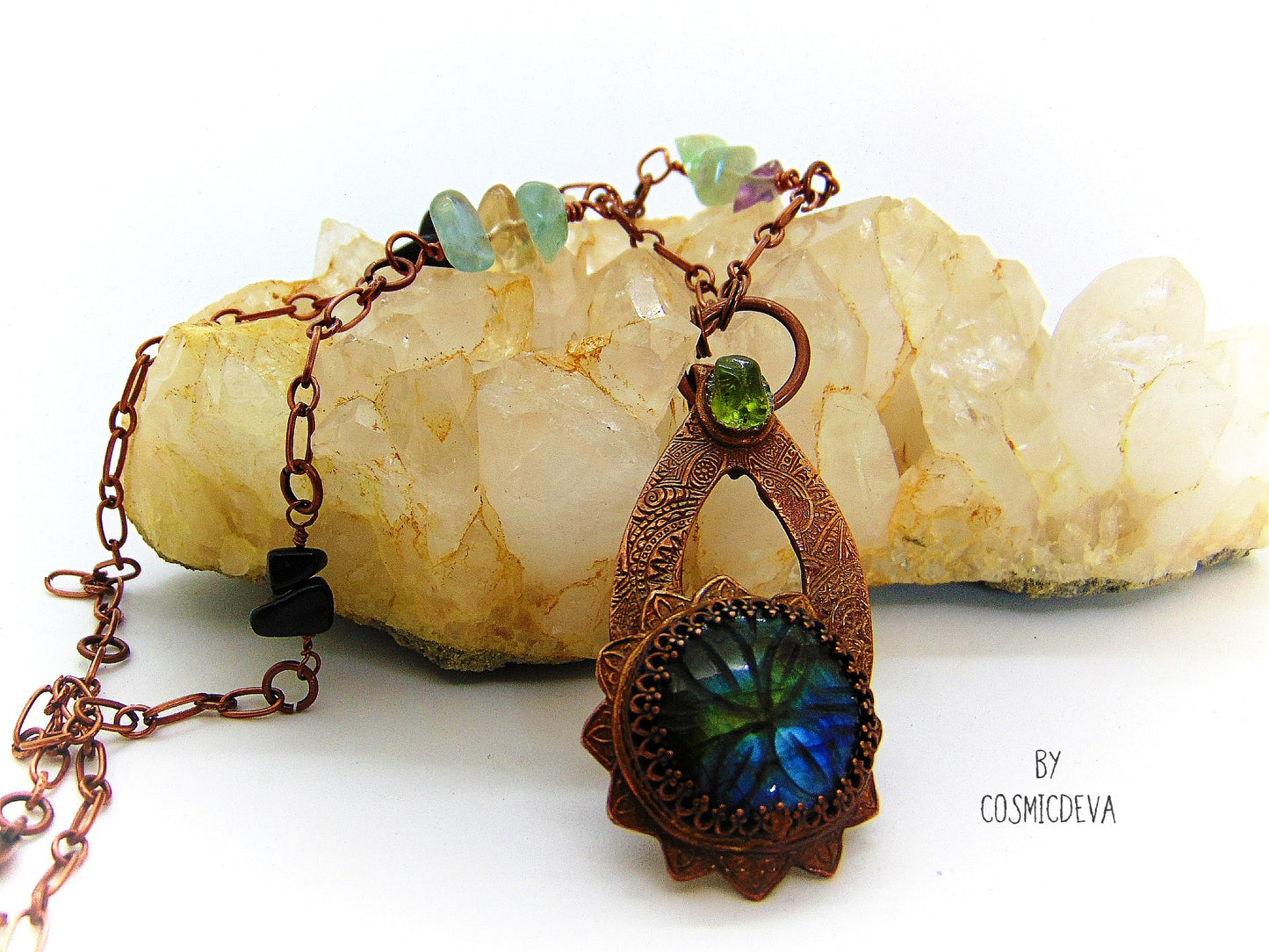 Labradorite Floral Mandala Copper Pendant Artisan Necklace - CosmicDeva