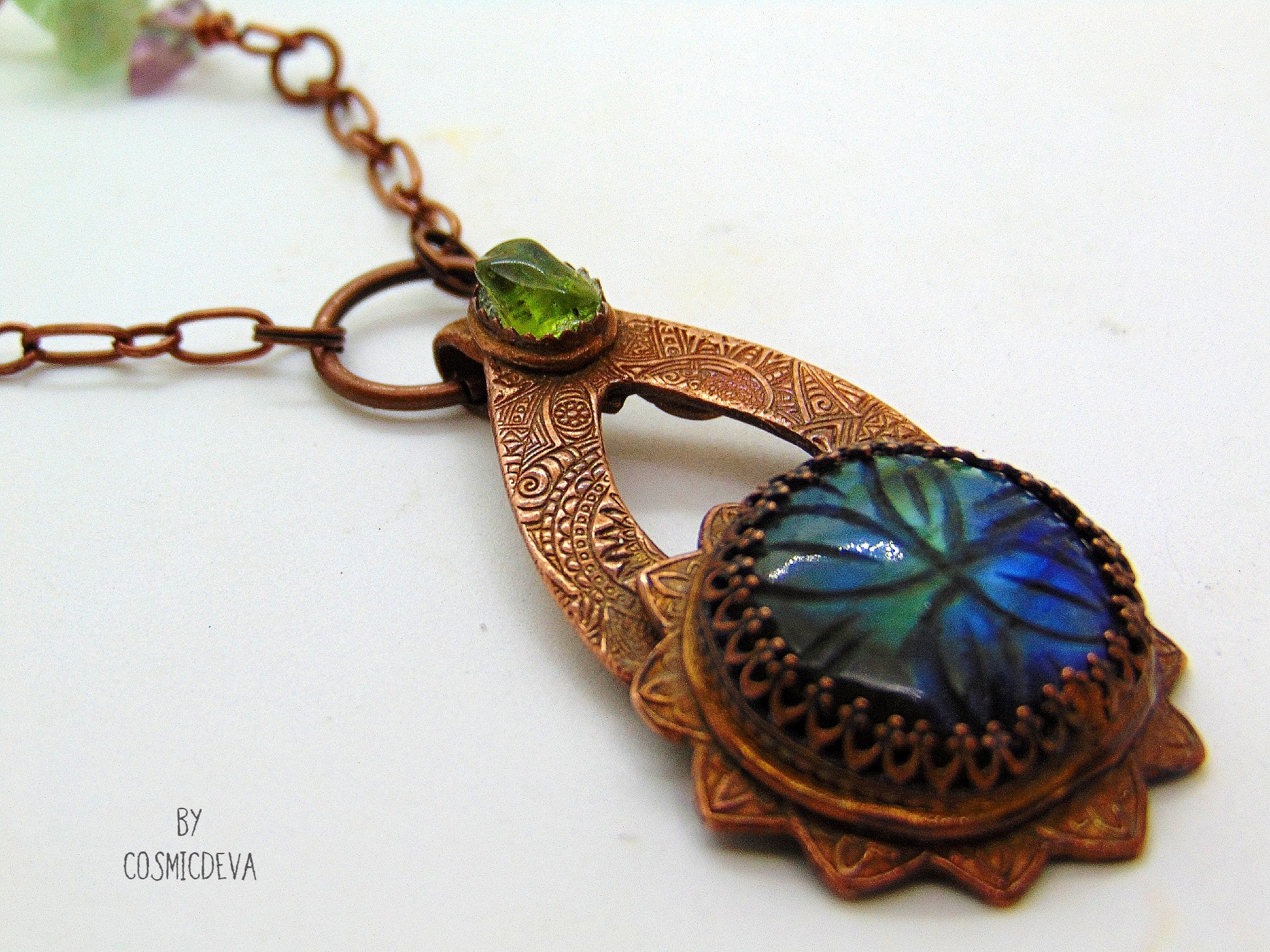 Labradorite Floral Mandala Copper Pendant Artisan Necklace - CosmicDeva