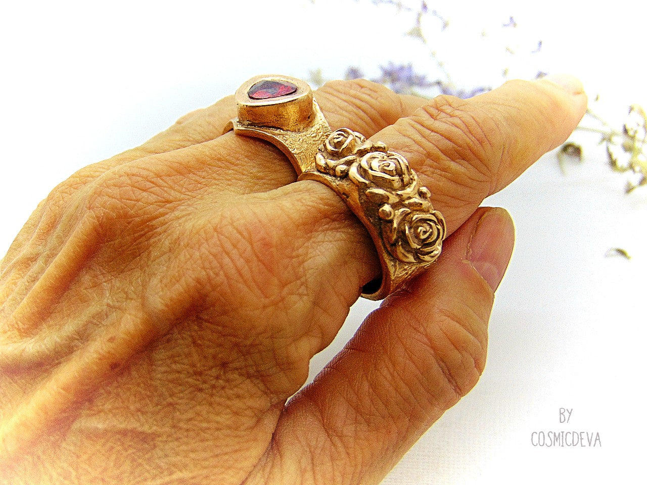 Handmade and hand formed unique organic solid gold bronze roman style ring featuring three roses with two hearts 💕 on the bottom side. This ring is sealed with Renaissance wax and comes with a complimentary polishing cloth. All my jewelry is packed in a beautiful gift box.