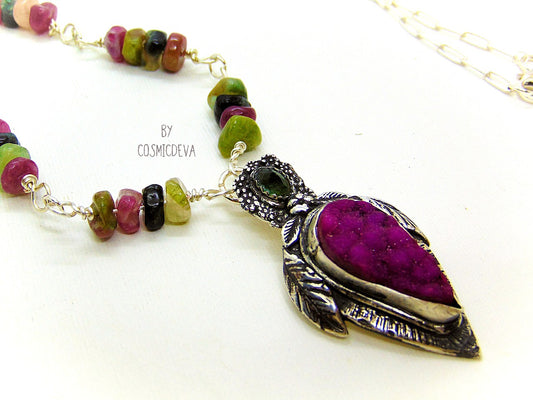 Sterling Silver and Druzy Necklace - One-of-a-Kind Floral Pink Druzy Pendant on Paperclip Sterling Silver Necklace - CosmicDeva