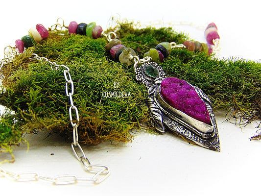 Sterling Silver and Druzy Necklace - One-of-a-Kind Floral Pink Druzy Pendant on Paperclip Sterling Silver Necklace - CosmicDeva