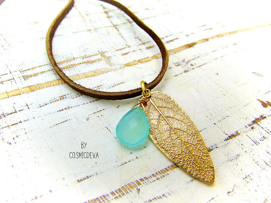 I made this nature inspired sage leaf necklace from a leaf of a sage plant which grows in my yard. As a focal point I added a gorgeous natural aqua blue chalcedony briolette gemstone.  This beautiful organic sage leaf necklace comes with a 18-inch-brown leather cord plus an extension chain and 18K gold plated lobster clasp. 