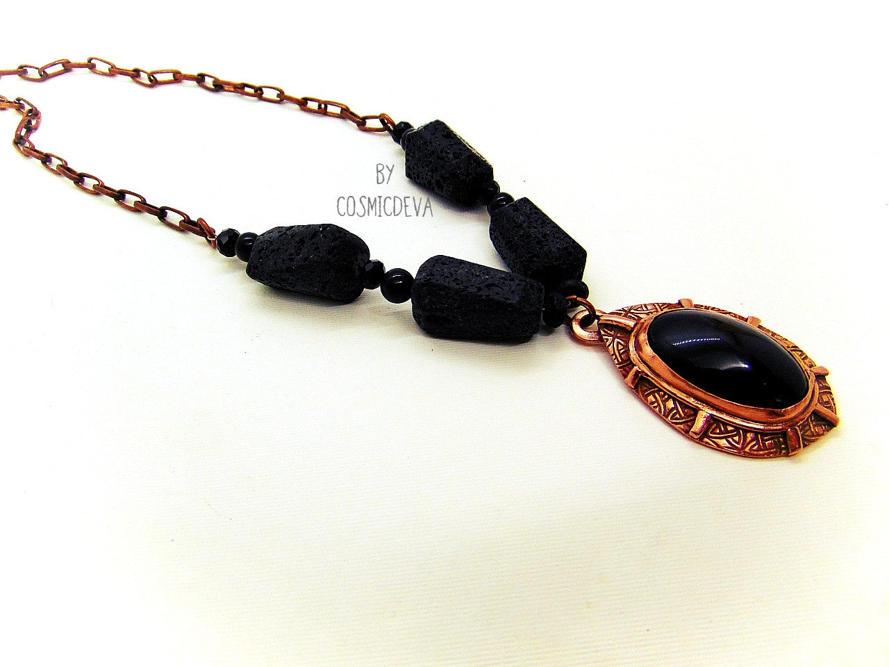 Beautiful rustic solid copper statement necklace with large and very dark black rainbow obsidian gemstone bezel setting as a focal point. The pendant was completely hand formed from solid copper. The statement necklace is made of chunky natural black lava stones with a 12.6mm copper draw cable chain. It has a nice texture and was annealed and polished with microcrystalline wax (Renaissance wax)