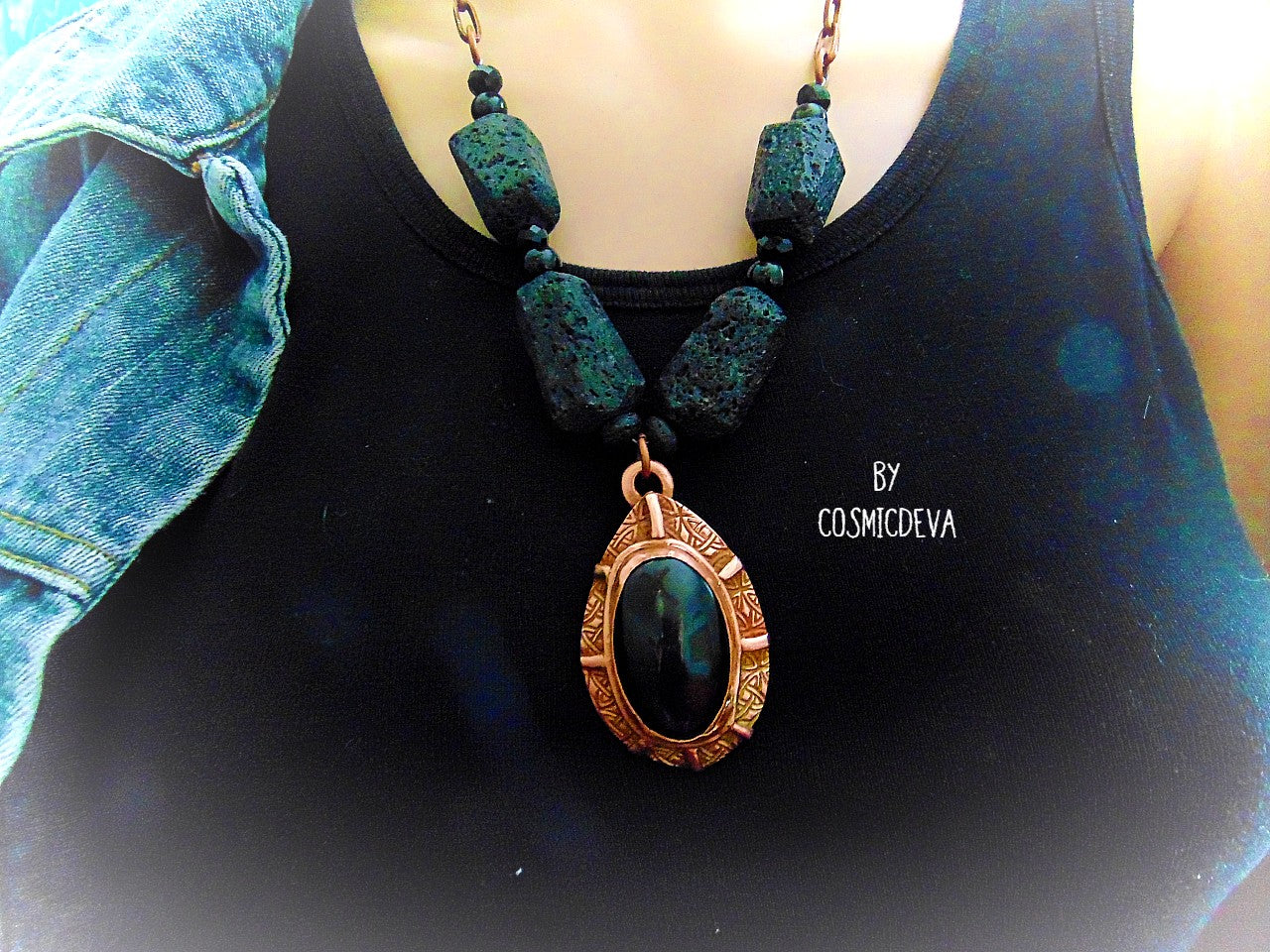 Beautiful rustic solid copper statement necklace with large and very dark black rainbow obsidian gemstone bezel setting as a focal point. The pendant was completely hand formed from solid copper. The statement necklace is made of chunky natural black lava stones with a 12.6mm copper draw cable chain. It has a nice texture and was annealed and polished with microcrystalline wax (Renaissance wax)